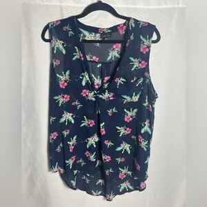 Zenobia Floral Sleeveless Blouse Navy Pink Green Sheer Top Women 2XL
